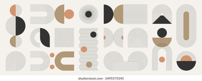 Hand drawn abstract minimal element mid century vector set. Aesthetic contemporary stripe line art, geometric shape in monochrome. Art form design for wall art, decoration, wallpaper.