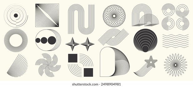 Hand drawn abstract minimal element mid century vector set. Aesthetic contemporary stripe line art, geometric shape in monochrome. Art form design for wall art, decoration, wallpaper.