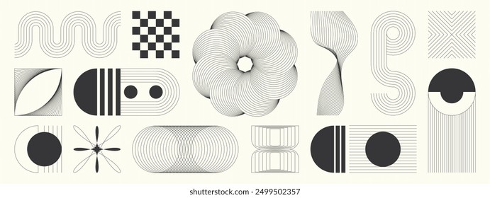 Hand drawn abstract minimal element mid century vector set. Aesthetic contemporary stripe line art, geometric shape in monochrome. Art form design for wall art, decoration, wallpaper.