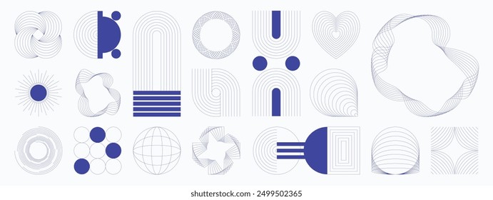Hand drawn abstract minimal element mid century vector set. Aesthetic contemporary stripe line art, geometric shape in monochrome, blue. Art form design for wall art, decoration, wallpaper.