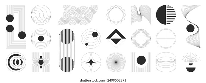 Hand drawn abstract minimal element mid century vector set. Aesthetic contemporary stripe line art, geometric shape in monochrome. Art form design for wall art, decoration, wallpaper.