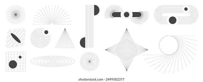 Hand drawn abstract minimal element mid century vector set. Aesthetic contemporary stripe line art, geometric shape in monochrome. Art form design for wall art, decoration, wallpaper.
