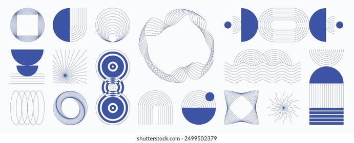 Hand drawn abstract minimal element mid century vector set. Aesthetic contemporary stripe line art, geometric shape in monochrome, blue. Art form design for wall art, decoration, wallpaper.