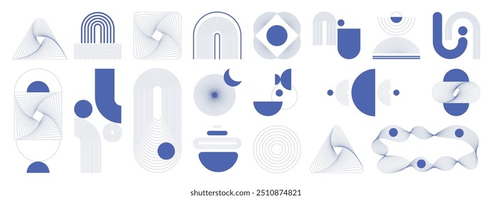 Hand drawn abstract minimal element mid century vector set. Aesthetic contemporary stripe line art, geometric shape in monochrome, blue. Art form design for wall art, decoration, wallpaper.