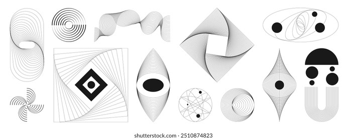 Hand drawn abstract minimal element mid century vector set. Aesthetic contemporary stripe line art, geometric shape in monochrome. Art form design for wall art, decoration, wallpaper.