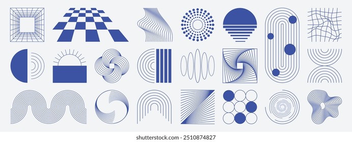 Hand drawn abstract minimal element mid century vector set. Aesthetic contemporary stripe line art, geometric shape in monochrome, blue. Art form design for wall art, decoration, wallpaper.