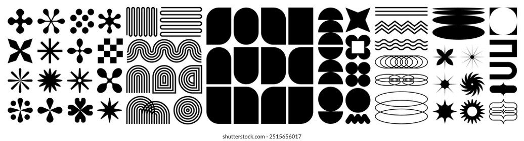 Hand drawn abstract minimal element mid century set. Abstract geometric shapes and icons. Brutal modern contemporary figure. Swiss design aesthetic. Vector funky flower, cute minimal stickers