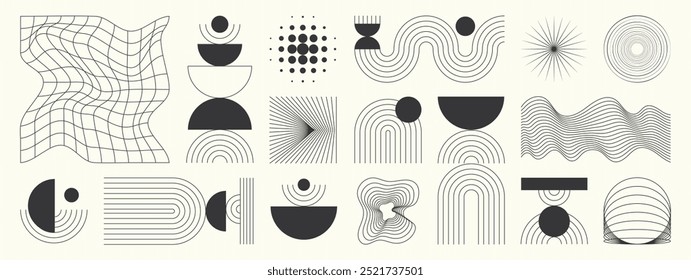 Hand drawn abstract minimal element mid century vector set. Aesthetic contemporary stripe line art, geometric shape in monochrome. Art form design for wall art, decoration, wallpaper.