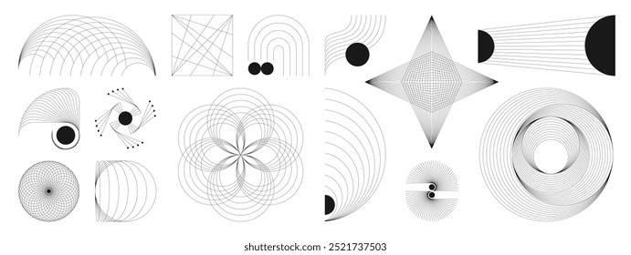 Hand drawn abstract minimal element mid century vector set. Aesthetic contemporary stripe line art, geometric shape in monochrome. Art form design for wall art, decoration, wallpaper.