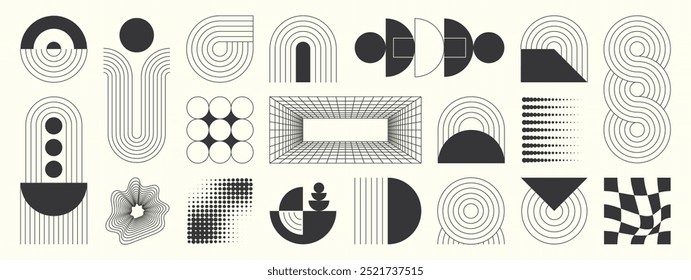 Hand drawn abstract minimal element mid century vector set. Aesthetic contemporary stripe line art, geometric shape in monochrome. Art form design for wall art, decoration, wallpaper.