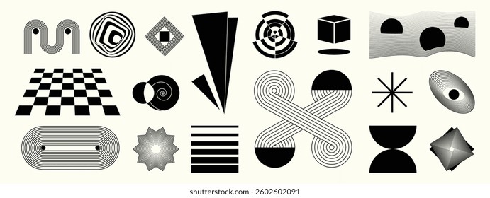Hand drawn abstract minimal element mid century vector set. Aesthetic contemporary stripe line art, geometric shape in monochrome. Art form design for wall art, decoration, wallpaper. 