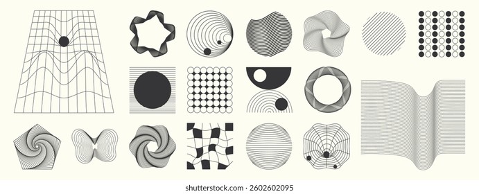 Hand drawn abstract minimal element mid century vector set. Aesthetic contemporary stripe line art, geometric shape in monochrome. Art form design for wall art, decoration, wallpaper. 