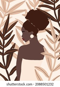 Hand drawn abstract minimalist style woman silhouette with tropical elements. Pastel tones fashion illustration for poster, print, wallpaper