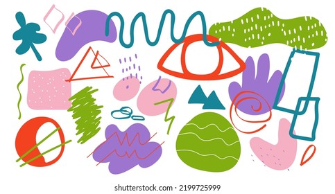 Formas y objetos abstractos y brillantes modernos dibujados a mano. Elementos de diseño Doodle. Fondo, papel pintado, embalaje,