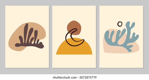Hand drawn abstract modern minimal set of covers with colorful  shapes, moon, leaf on beige background. Vector flat illustration. Design for poster, card, wallpaper, print, cover, wall art