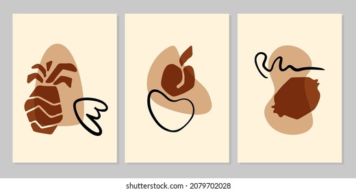 Hand drawn abstract modern minimal set of fruit pineapple, peach, pomegranate with shapes on beige background. Vector flat illustration. Design for poster, card, wallpaper, print, cover