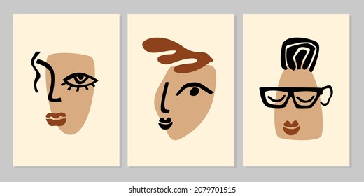 Hand drawn abstract modern set posters of women portraits. Contemporary geometric shape collage. Vector illustration. Design for poster, card, wallpaper, print, cover, wall art