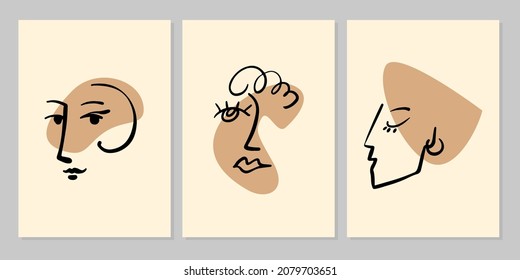Hand drawn abstract modern set posters of women portraits. Contemporary geometric shape collage. Vector illustration. Design for poster, card, wallpaper, print, cover, wall art