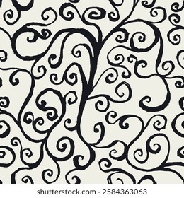 Hand drawn abstract monochrome black and white botanical seamless pattern with rough edges swirls. Rustic floral silhouette repeat wallpaper.