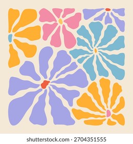 Dibujado a mano abstracto multicolor Flores de margarita. Pintura groovy ingenua moderna en estilo hippie. Ilustración vectorial