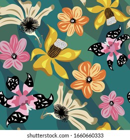 Hand drawn abstract multicolor funny cartoon vector flowers seamless pattern on wave background in shades of blue green. Exotic creative illustration repeating style image.