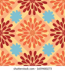 Hand drawn abstract multicolor vector seamless pattern on geometric line background. Warm summer color illustration repeating style image. Creative fabric backdrop. Positive wallpaper.