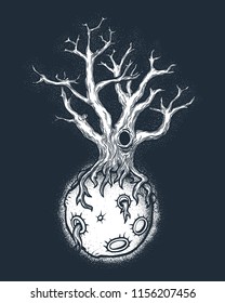 Hand drawn abstract mystery tree on the moon in deep space. Sign for tatoo, t-shirt and posters printing.