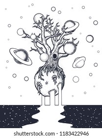 Hand drawn abstract mystery tree on the moon in deep space. Sign for tatoo, t-shirt and posters printing.