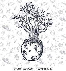Hand drawn abstract mystery tree on the moon in deep space. Sign for tatoo, t-shirt and posters printing.