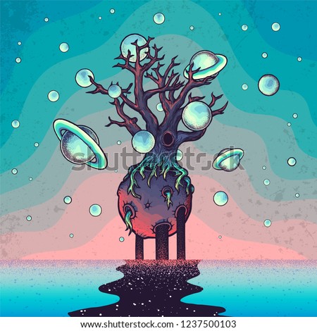 Hand drawn abstract mystery tree on the moon in deep space. Sign for tatoo, t-shirt and posters printing.