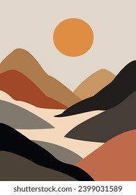 Hand drawn abstract nature landscape boho wall art with mountains, trees and the sun. Vector illustration
