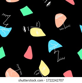 Fondo aislado del patrón vectorial repetido dibujado a mano, rostros de dibujo de una línea y formas geométricas