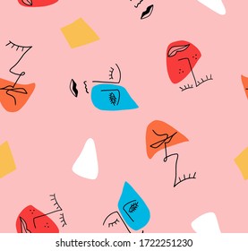 Hand Drawn Abstract One Line Drawing Faces and Geometric Shapes Repeating Vector Pattern Isolated Background