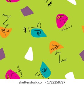 Hand Drawn Abstract One Line Drawing Faces and Geometric Shapes Repeating Vector Pattern Isolated Background