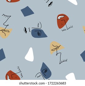 Hand Drawn Abstract One Line Drawing Faces and Geometric Shapes Repeating Vector Pattern Isolated Background
