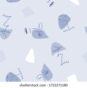 Hand Drawn Abstract One Line Drawing Faces and Geometric Shapes Repeating Vector Pattern Isolated Background