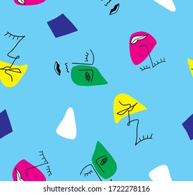 Hand Drawn Abstract One Line Drawing Faces and Geometric Shapes Repeating Vector Pattern Isolated Background