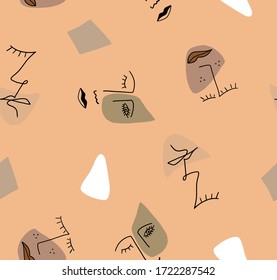 Hand Drawn Abstract One Line Drawing Faces and Geometric Shapes Repeating Vector Pattern Isolated Background