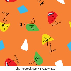 Fondo aislado del patrón vectorial repetido dibujado a mano, rostros de dibujo de una línea y formas geométricas