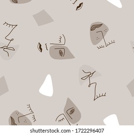 Hand Drawn Abstract One Line Drawing Faces and Geometric Shapes Repeating Vector Pattern Isolated Background