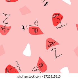 Hand Drawn Abstract One Line Drawing Faces and Geometric Shapes Repeating Vector Pattern Isolated Background