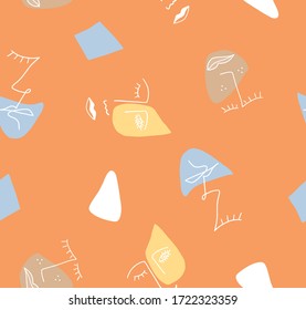 Fondo aislado del patrón vectorial repetido dibujado a mano, rostros de dibujo de una línea y formas geométricas