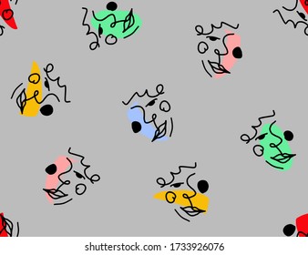 Hand Drawn Abstract One Line Drawing Geometric Woman Face Repeating Vector Pattern Isolated Background