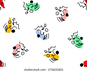 Hand Drawn Abstract One Line Drawing Geometric Woman Face Repeating Vector Pattern Isolated Background