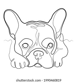 Hand drawn abstract one line continuous dog. Contemporary drawing in modern cubism style. Portrait of a French Bulldog breed isolated on white background.