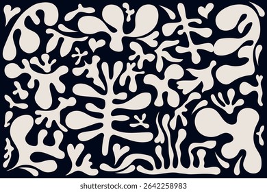 Hand drawn abstract organic shapes pattern in boho style. Cut out twigs, plants and leaves isolated on a beige background. Trending illustration of natural elements