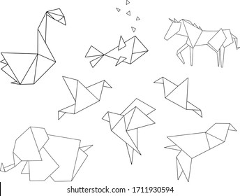 Hand Drawn Abstract Origami Swan Horse Elephant Fish and Swallow Birds Logo Design Materials Set Coloring Page Template Vector Pattern Isolated Background