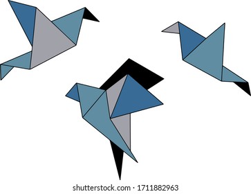 Hand Drawn Abstract Origami Three Swallow Birds Logo Design Materials Set Vector Pattern Isolated Background