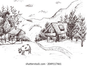 Hand drawn abstract outline vector sketch. Vintage silhouette village landscape. House in the mountains. Field. Cow. Farmland. Countryside view. Forest. Eps image on transparent background