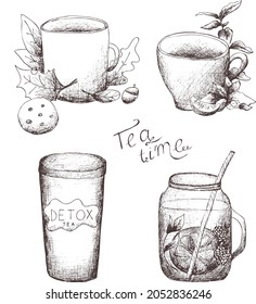 Juego de vectores de contorno abstracto dibujado a mano de tazas y gafas con té. Aislado. Vaso desechable. Bebida, té de hierbas. Limón, menta. Esbozo vintage Eps sobre fondo transparente